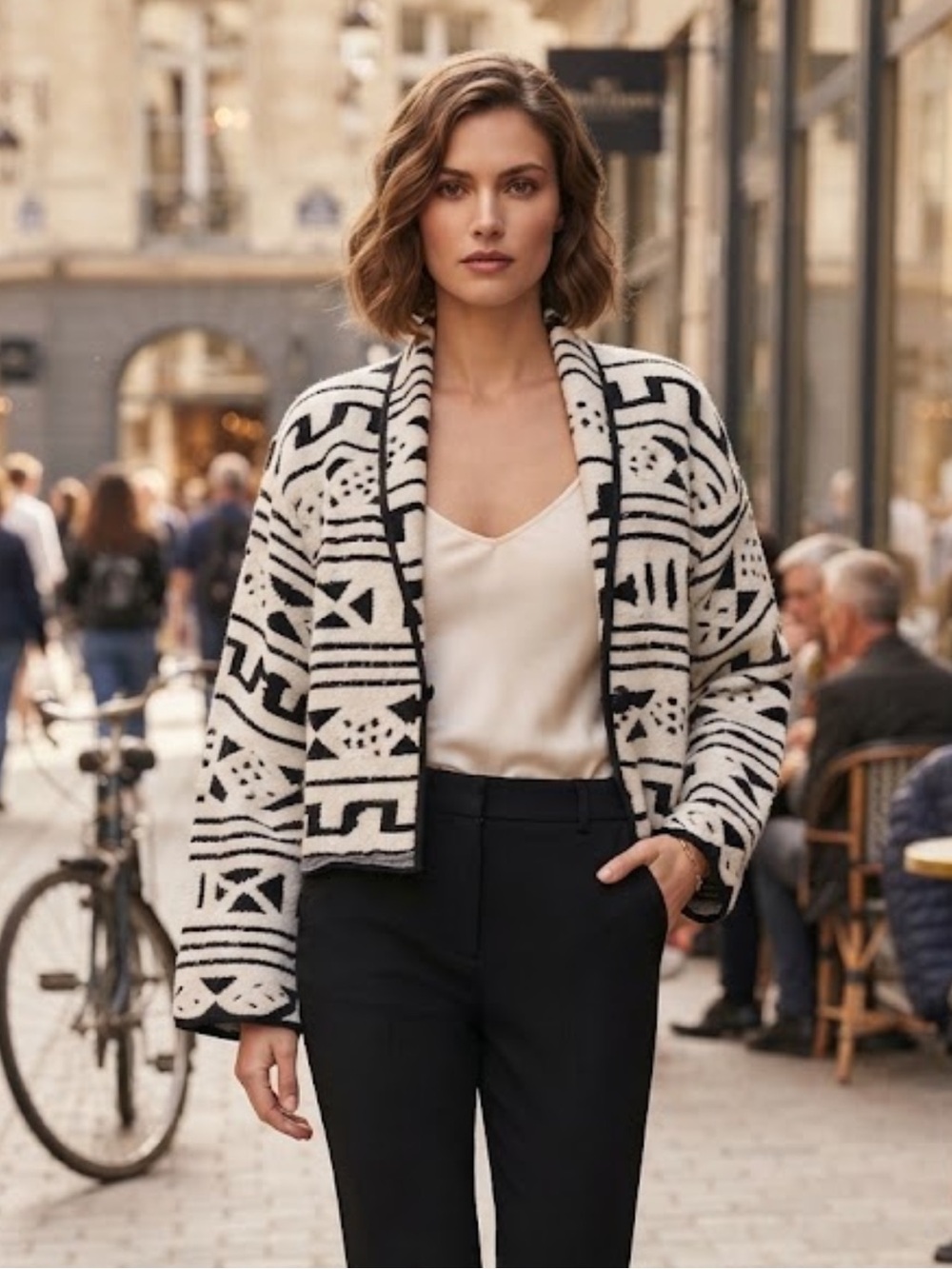 ANU by Natural Black & White Geometric Woven Jacket XL Boho Tribal Button Front